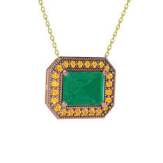 Esinti Dikdörtgen Kolye - Kök zümrüt ve sitrin 18 ayar rose altın kolye (40 cm altın rolo zincir) #28z06k