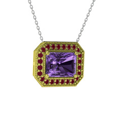 Esinti Dikdörtgen Kolye - Ametist ve kök yakut 925 ayar altın kaplama gümüş kolye (40 cm beyaz altın rolo zincir) #2d9vsy