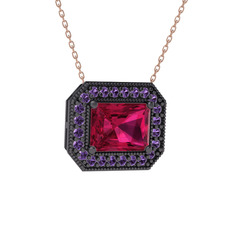 Esinti Dikdörtgen Kolye - Rodolit garnet ve ametist 925 ayar siyah rodyum kaplama gümüş kolye (40 cm rose altın rolo zincir) #2lwnm7
