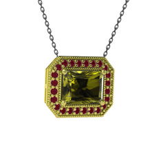 Peridot ve kök yakut 18 ayar altın kolye (40 cm gümüş rolo zincir)