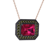 Rodolit garnet ve peridot 925 ayar siyah rodyum kaplama gümüş kolye (40 cm rose altın rolo zincir)