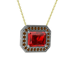 Garnet ve dumanlı kuvars 14 ayar beyaz altın kolye (40 cm gümüş rolo zincir)