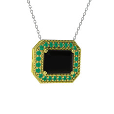 Esinti Dikdörtgen Kolye - Siyah zirkon ve kök zümrüt 18 ayar altın kolye (40 cm beyaz altın rolo zincir) #3958kb