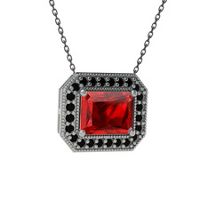 Garnet ve siyah zirkon 14 ayar beyaz altın kolye (40 cm gümüş rolo zincir)