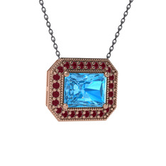 Esinti Dikdörtgen Kolye - Akuamarin ve kök yakut 18 ayar rose altın kolye (40 cm gümüş rolo zincir) #3bad13