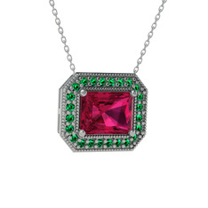 Esinti Dikdörtgen Kolye - Rodolit garnet ve yeşil kuvars 925 ayar gümüş kolye (40 cm beyaz altın rolo zincir) #3bxjuz