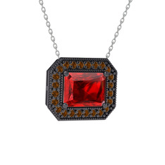 Esinti Dikdörtgen Kolye - Garnet ve dumanlı kuvars 925 ayar siyah rodyum kaplama gümüş kolye (40 cm gümüş rolo zincir) #3ggdv9