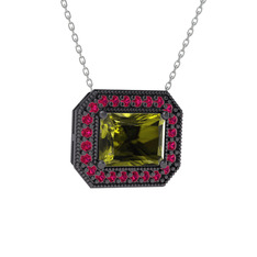 Esinti Dikdörtgen Kolye - Peridot ve rodolit garnet 925 ayar siyah rodyum kaplama gümüş kolye (40 cm beyaz altın rolo zincir) #3meamn