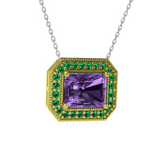 Esinti Dikdörtgen Kolye - Ametist ve yeşil kuvars 925 ayar altın kaplama gümüş kolye (40 cm beyaz altın rolo zincir) #3r89xf