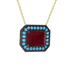 Esinti Dikdörtgen Kolye - Kök yakut ve akuamarin 925 ayar siyah rodyum kaplama gümüş kolye (40 cm gümüş rolo zincir) #3y0atv