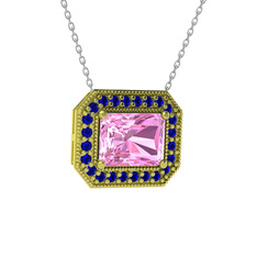 Pembe kuvars ve lab safir 925 ayar altın kaplama gümüş kolye (40 cm beyaz altın rolo zincir)