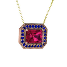 Esinti Dikdörtgen Kolye - Rodolit garnet ve lab safir 18 ayar rose altın kolye (40 cm gümüş rolo zincir) #42zrmb