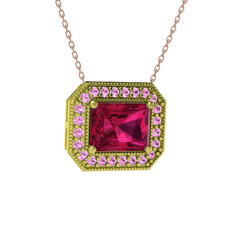 Esinti Dikdörtgen Kolye - Rodolit garnet ve pembe kuvars 14 ayar altın kolye (40 cm gümüş rolo zincir) #440em