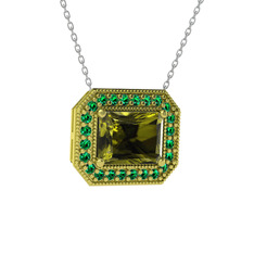 Peridot ve yeşil kuvars 925 ayar altın kaplama gümüş kolye (40 cm gümüş rolo zincir)