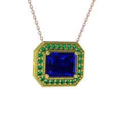 Esinti Dikdörtgen Kolye - Lab safir ve yeşil kuvars 8 ayar altın kolye (40 cm rose altın rolo zincir) #48jtig