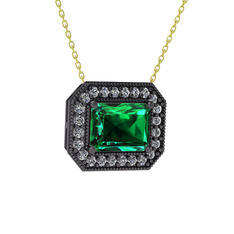 Esinti Dikdörtgen Kolye - Yeşil kuvars ve swarovski 925 ayar siyah rodyum kaplama gümüş kolye (40 cm altın rolo zincir) #4xe3aq