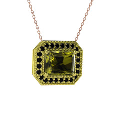 Esinti Dikdörtgen Kolye - Peridot ve siyah zirkon 18 ayar altın kolye (40 cm rose altın rolo zincir) #540s8q