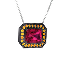 Esinti Dikdörtgen Kolye - Rodolit garnet ve sitrin 925 ayar siyah rodyum kaplama gümüş kolye (40 cm beyaz altın rolo zincir) #5gqem7