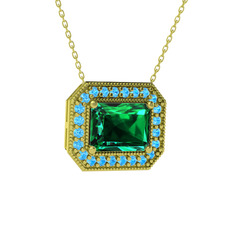 Esinti Dikdörtgen Kolye - Yeşil kuvars ve akuamarin 18 ayar altın kolye (40 cm altın rolo zincir) #5ipb7f