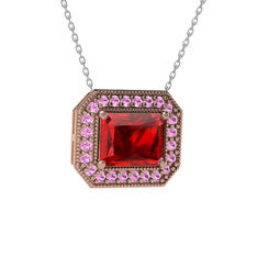 Garnet ve pembe kuvars 14 ayar rose altın kolye (40 cm gümüş rolo zincir)