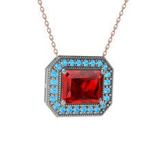 Garnet ve akuamarin 14 ayar beyaz altın kolye (40 cm gümüş rolo zincir)