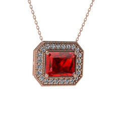 Esinti Dikdörtgen Kolye - Garnet ve swarovski 8 ayar rose altın kolye (40 cm rose altın rolo zincir) #5ntxdf
