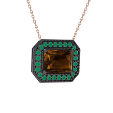 Dumanlı kuvars ve kök zümrüt 925 ayar siyah rodyum kaplama gümüş kolye (40 cm rose altın rolo zincir)