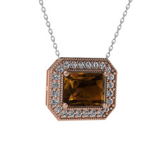 Dumanlı kuvars ve pırlanta 18 ayar rose altın kolye (0.253 karat, 40 cm beyaz altın rolo zincir)