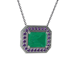 Esinti Dikdörtgen Kolye - Kök zümrüt ve ametist 8 ayar beyaz altın kolye (40 cm gümüş rolo zincir) #6j1h7d