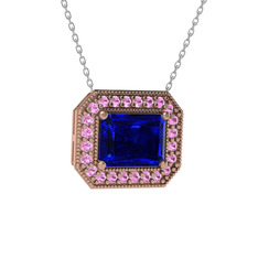 Lab safir ve pembe kuvars 18 ayar rose altın kolye (40 cm gümüş rolo zincir)