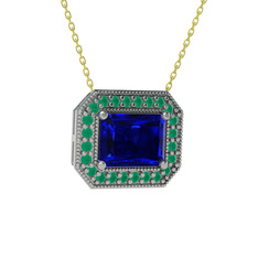 Esinti Dikdörtgen Kolye - Lab safir ve kök zümrüt 18 ayar beyaz altın kolye (40 cm altın rolo zincir) #73yhwe