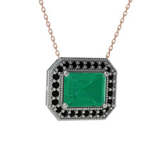 Esinti Dikdörtgen Kolye - Kök zümrüt ve siyah zirkon 14 ayar beyaz altın kolye (40 cm rose altın rolo zincir) #7ghj1t