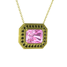 Esinti Dikdörtgen Kolye - Pembe kuvars ve peridot 8 ayar altın kolye (40 cm altın rolo zincir) #7j2ywd