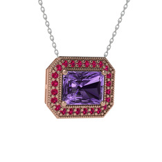 Ametist ve rodolit garnet 925 ayar rose altın kaplama gümüş kolye (40 cm beyaz altın rolo zincir)