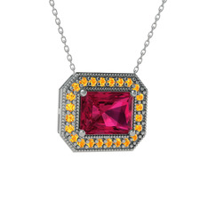 Esinti Dikdörtgen Kolye - Rodolit garnet ve sitrin 14 ayar beyaz altın kolye (40 cm beyaz altın rolo zincir) #7vfqyq