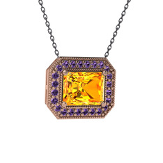 Esinti Dikdörtgen Kolye - Sitrin ve ametist 8 ayar rose altın kolye (40 cm gümüş rolo zincir) #7zfh91