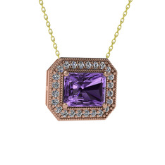 Esinti Dikdörtgen Kolye - Ametist ve pırlanta 8 ayar rose altın kolye (0.253 karat, 40 cm gümüş rolo zincir) #83qbgr