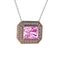 Esinti Dikdörtgen Kolye - Pembe kuvars ve beyaz zirkon 18 ayar rose altın kolye (40 cm beyaz altın rolo zincir) #8fhktl