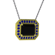 Esinti Dikdörtgen Kolye - Siyah zirkon ve lab safir 18 ayar altın kolye (40 cm gümüş rolo zincir) #8p4trv