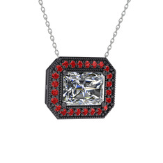 Esinti Dikdörtgen Kolye - Beyaz zirkon ve garnet 925 ayar siyah rodyum kaplama gümüş kolye (40 cm beyaz altın rolo zincir) #8ydkjx
