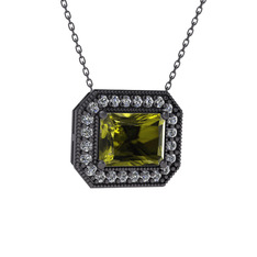 Esinti Dikdörtgen Kolye - Peridot ve pırlanta 925 ayar siyah rodyum kaplama gümüş kolye (0.253 karat, 40 cm gümüş rolo zincir) #8zmcjm