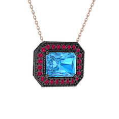 Esinti Dikdörtgen Kolye - Akuamarin ve rodolit garnet 925 ayar siyah rodyum kaplama gümüş kolye (40 cm rose altın rolo zincir) #93zwzf