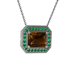 Esinti Dikdörtgen Kolye - Dumanlı kuvars ve yeşil kuvars 8 ayar beyaz altın kolye (40 cm gümüş rolo zincir) #96m9my