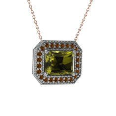 Esinti Dikdörtgen Kolye - Peridot ve dumanlı kuvars 8 ayar beyaz altın kolye (40 cm rose altın rolo zincir) #9k724y