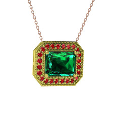 Esinti Dikdörtgen Kolye - Yeşil kuvars ve garnet 14 ayar altın kolye (40 cm rose altın rolo zincir) #9q4hpk
