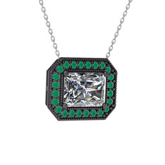 Esinti Dikdörtgen Kolye - Beyaz zirkon ve kök zümrüt 925 ayar siyah rodyum kaplama gümüş kolye (40 cm beyaz altın rolo zincir) #9re5br