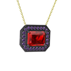 Garnet ve ametist 925 ayar siyah rodyum kaplama gümüş kolye (40 cm altın rolo zincir)