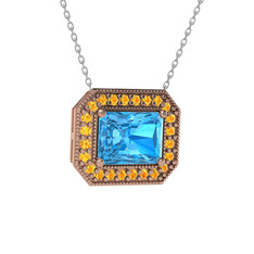 Akuamarin ve sitrin 18 ayar rose altın kolye (40 cm beyaz altın rolo zincir)