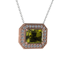 Peridot ve pırlanta 14 ayar rose altın kolye (0.253 karat, 40 cm beyaz altın rolo zincir)