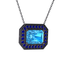 Esinti Dikdörtgen Kolye - Akuamarin ve lab safir 925 ayar siyah rodyum kaplama gümüş kolye (40 cm gümüş rolo zincir) #avn2c0